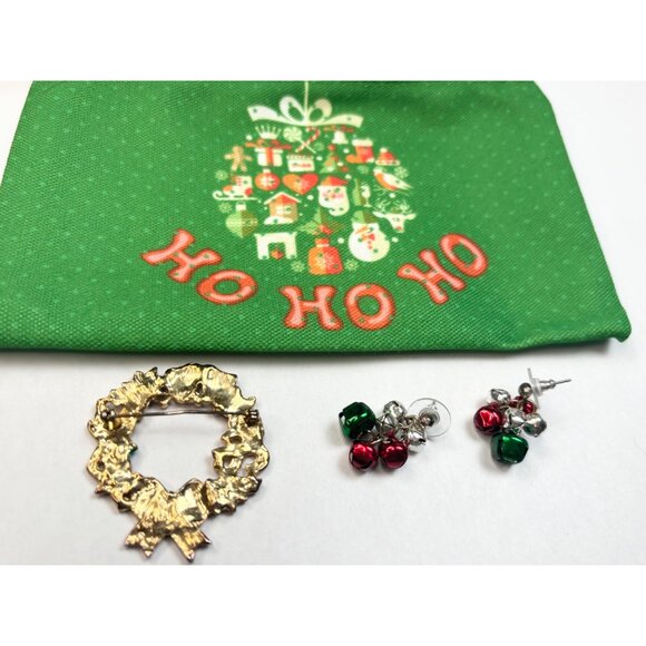 Vintage Christmas Jewelry Set Wreath Pin & Jingle Bell Earrings With Festive Gre - Picture 2 of 3
